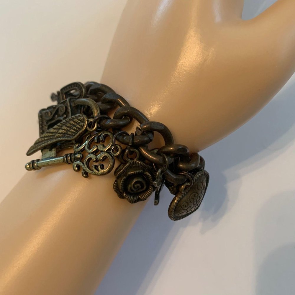 Multi Charm Bracelet Dark Gold Tone 7″